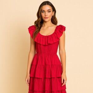 VTG Candi Jones California‎ Red Ruffle Tiered Dress Romantic Prairie Peasant XS